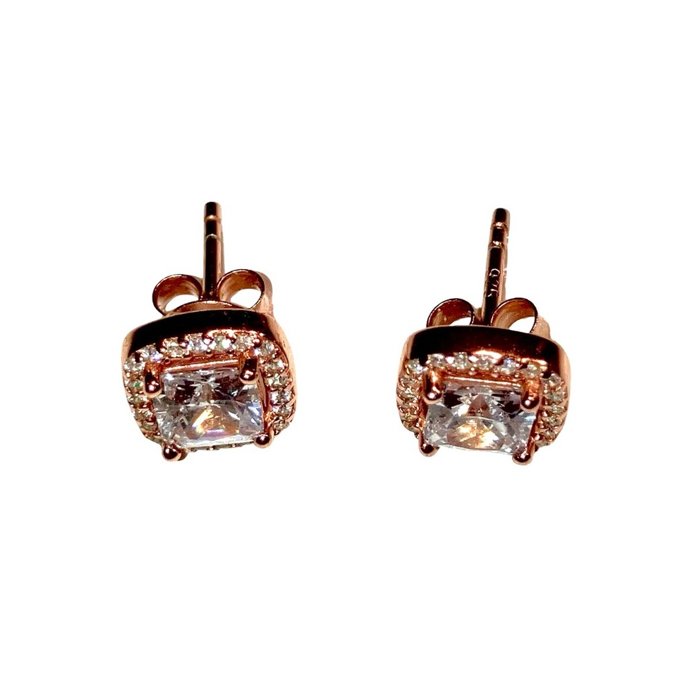 Rose Gold Sterling Silver 925 Cushion Cut CZ Halo Stud Earrings